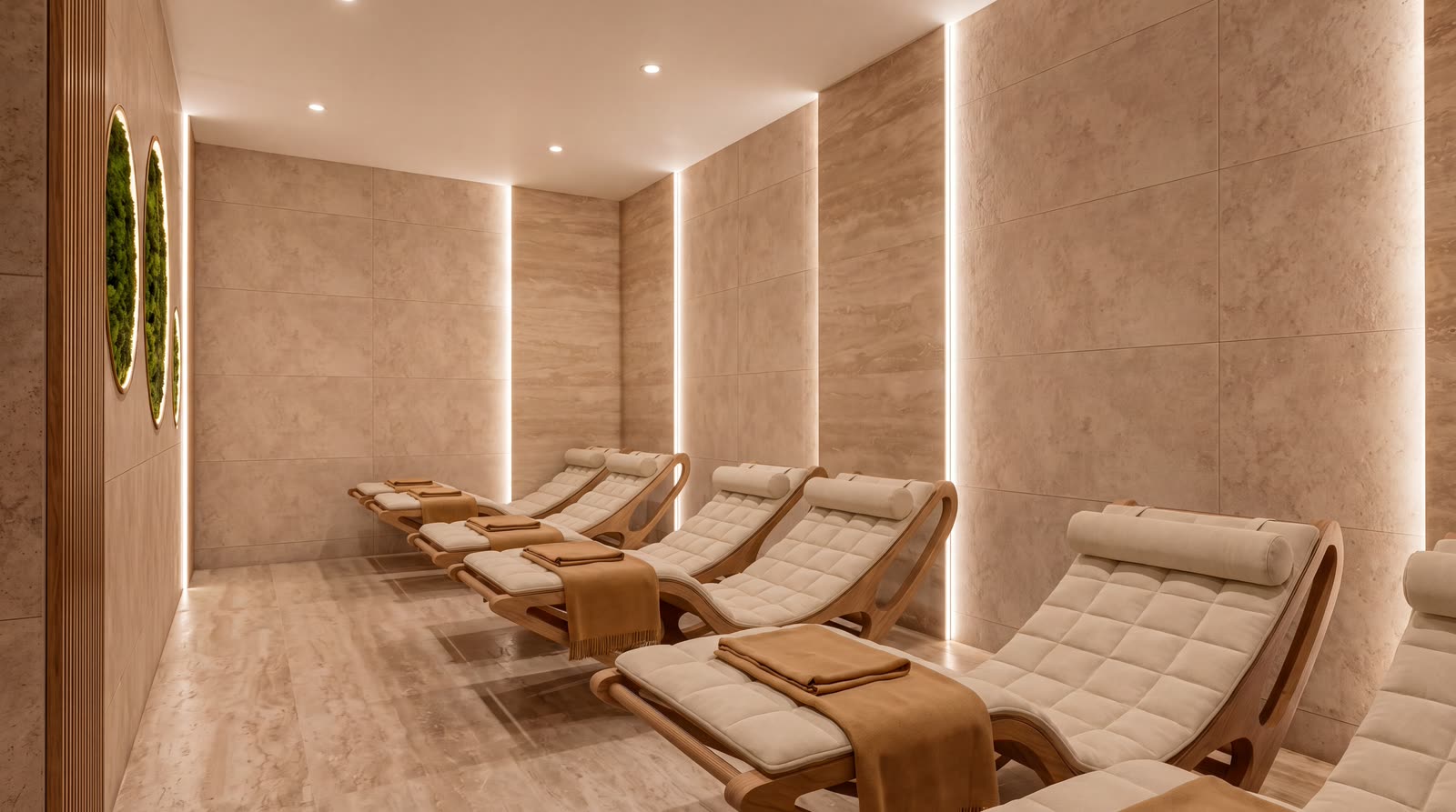 Relaxing room with wooden loungers, travertine walls and round moss panels