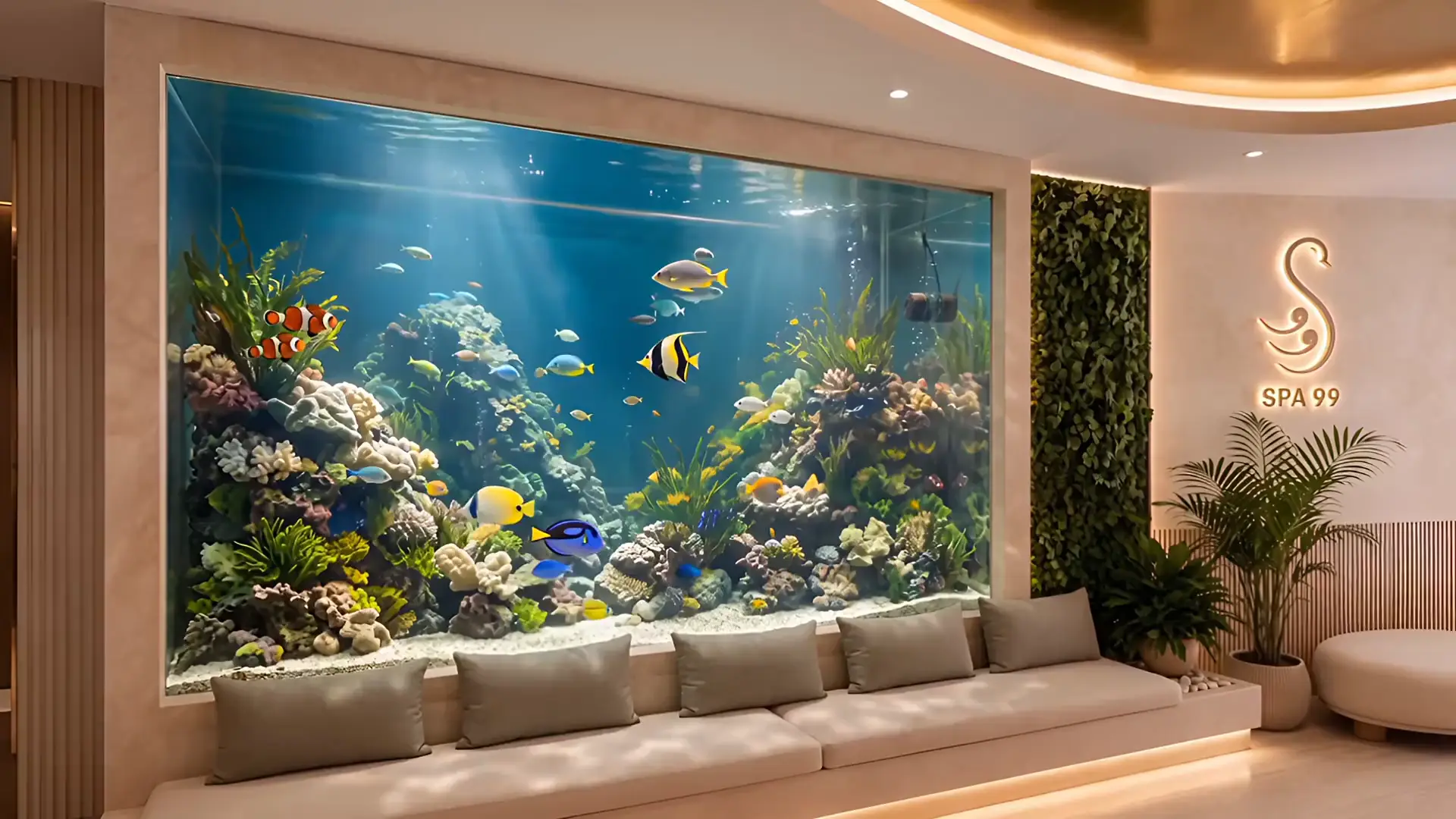 The reception: a wide reef fish tank set in travertine, with a long bench of sage cushions, a green wall and the Spa 99 swan